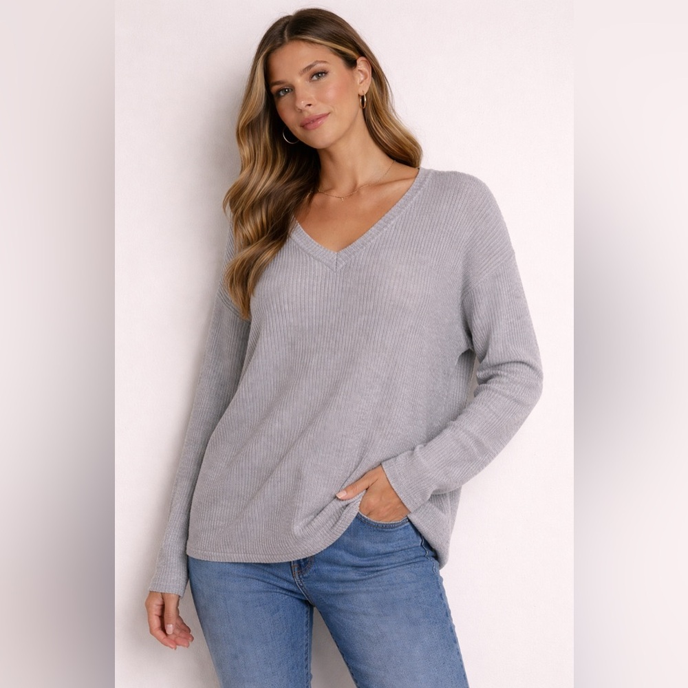 ELLE Ribbed V-Neck Sweater – Grey – XL